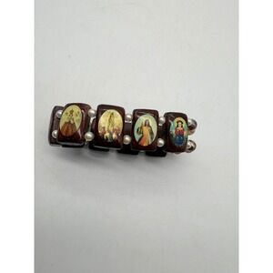 Religious Catholic Saint Icon Wood Panel Stretch Bracelet Faux Pearl Accents